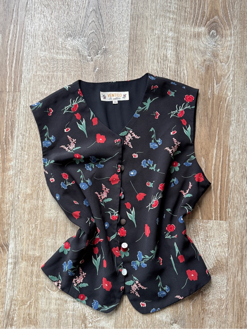 Vintage Black Floral V-Neck Button Front Blouse Vest